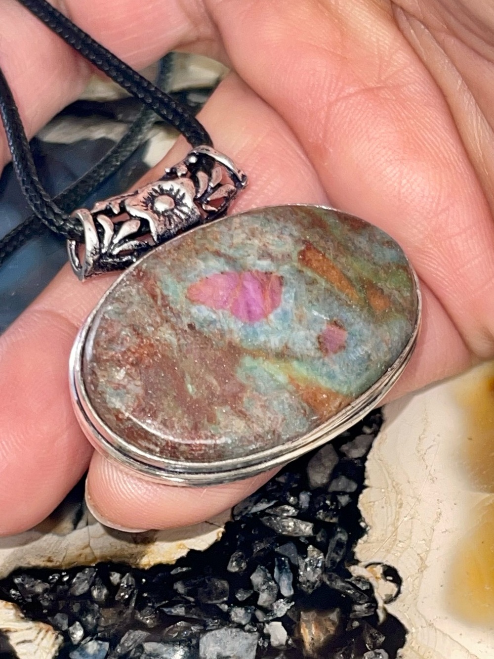 Dainty Ruby Fuchsite Crystal Pendant 1 1/4”x 1 1/4”